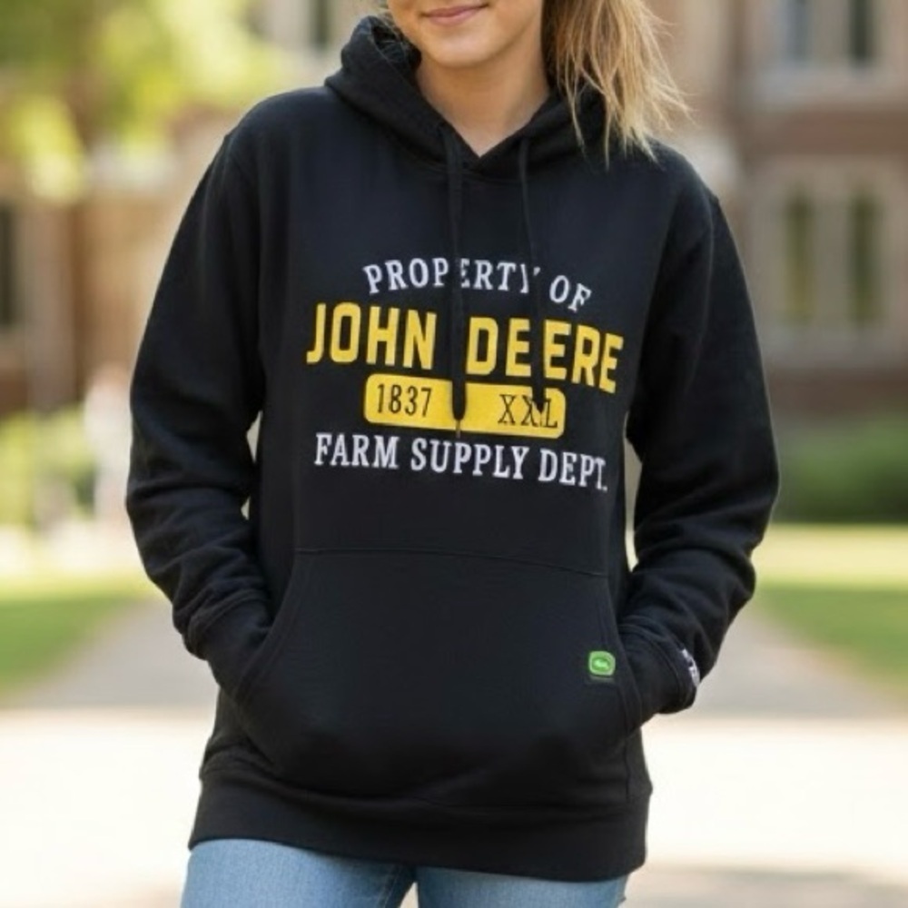 John Deere Rare Classic Black Hoodie Graphic Pullover Farm Tractor Western Y2K